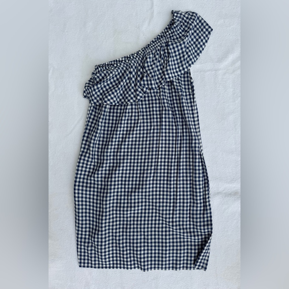 NWOT Velvet Blue and White Checkered Off-Shoulder Dress M